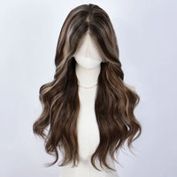 Synthetic blend wig, long wavy dark brown hair with center part