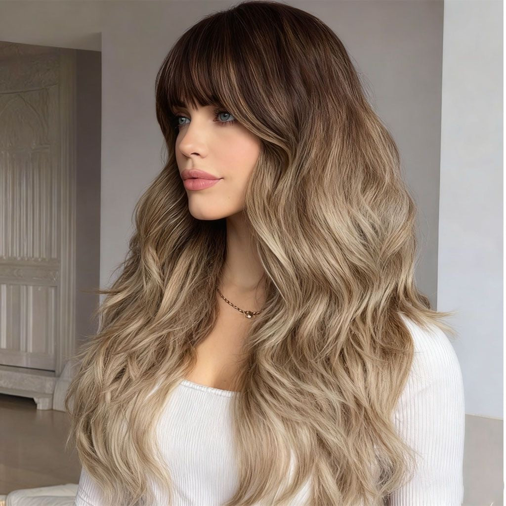 Long wavy synthetic wig, dark roots, side-swept bangs, dirty blonde
