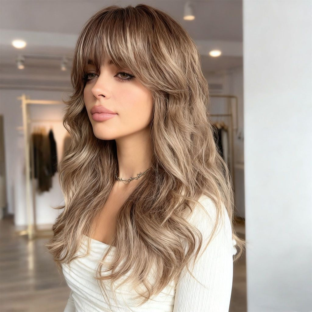 Caramel-blonde long wavy synthetic wig with side-swept bangs and layered curls