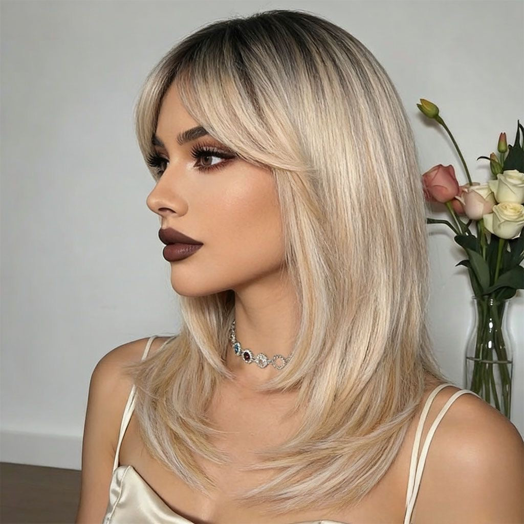Synthetic wig with blonde curtain bangs, dark roots, long profile layered hair
