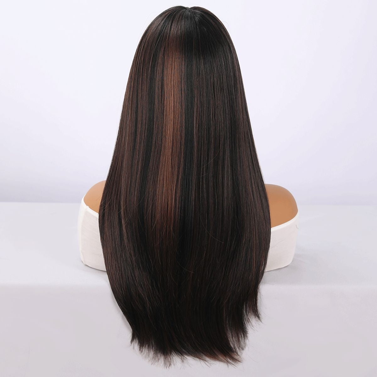 Long black synthetic wig from back, full-length straight hair