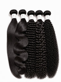 Black human hair bundle set with loose waves and curly strands, multiple bundles
