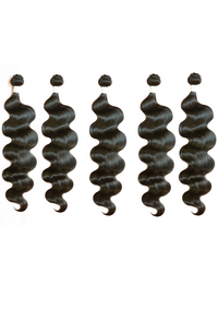 5-pack wavy hair bundles, dark brown, with loose curls and ends tied