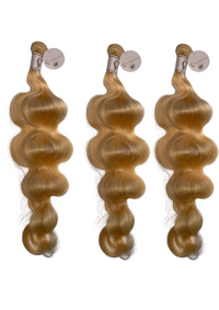 Light blonde wavy hair bundles with weft caps, three-pack