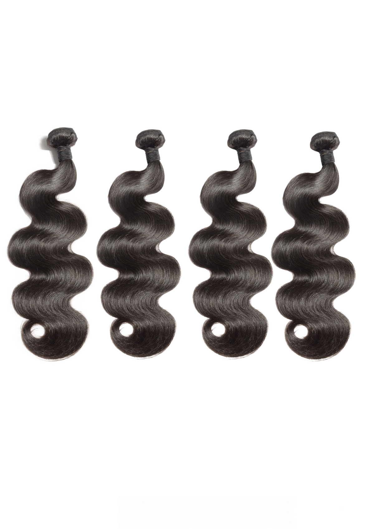 Four Brazilian hair bundles with wavy dark hair, each with a curled top