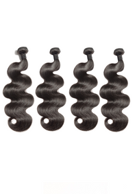 Four Brazilian hair bundles with wavy dark hair, each with a curled top