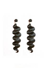 Two dark wavy hair bundles with rounded tops and loose body wave curls