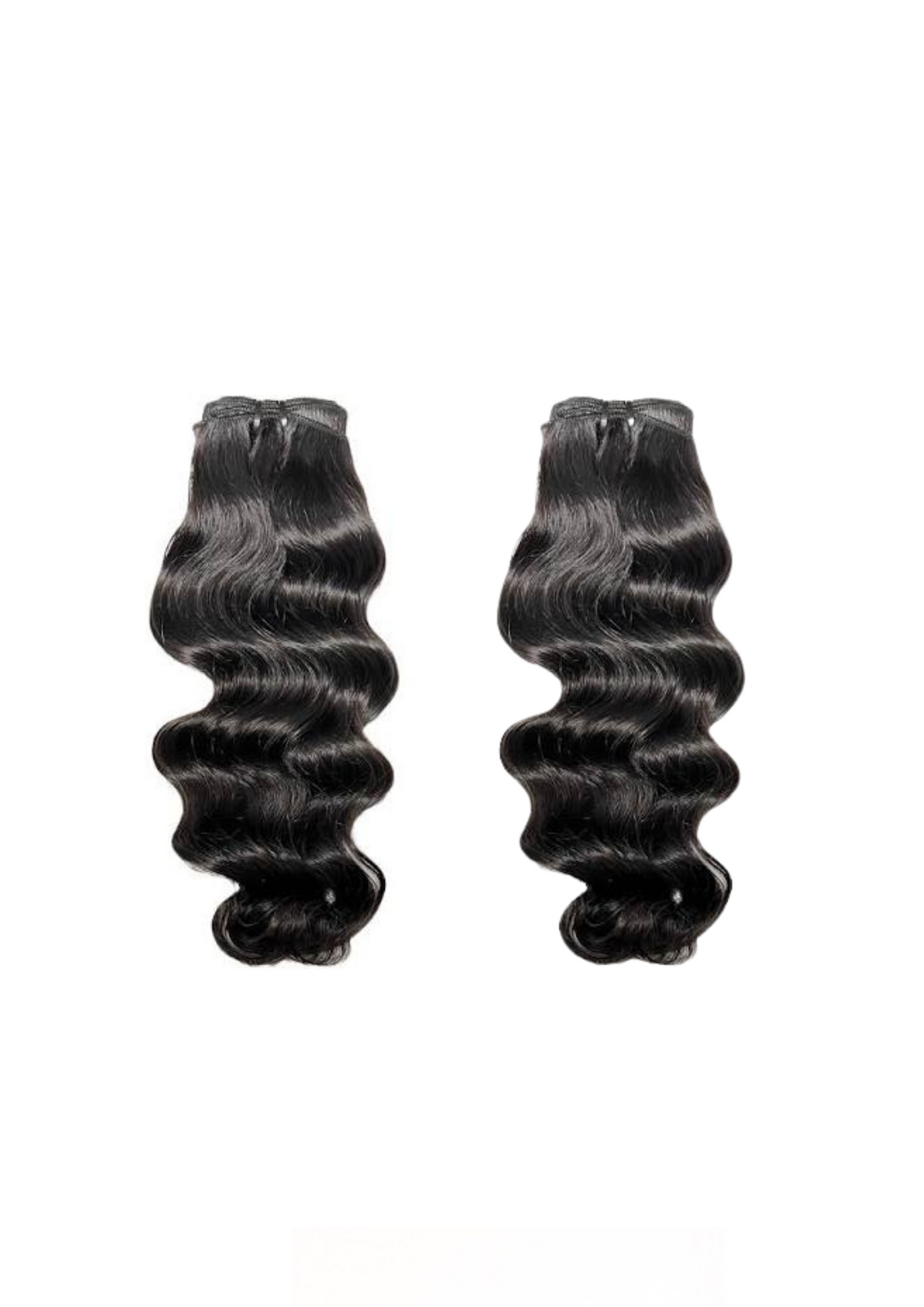 Two black body-wave hair bundles with natural loose waves, weft at top