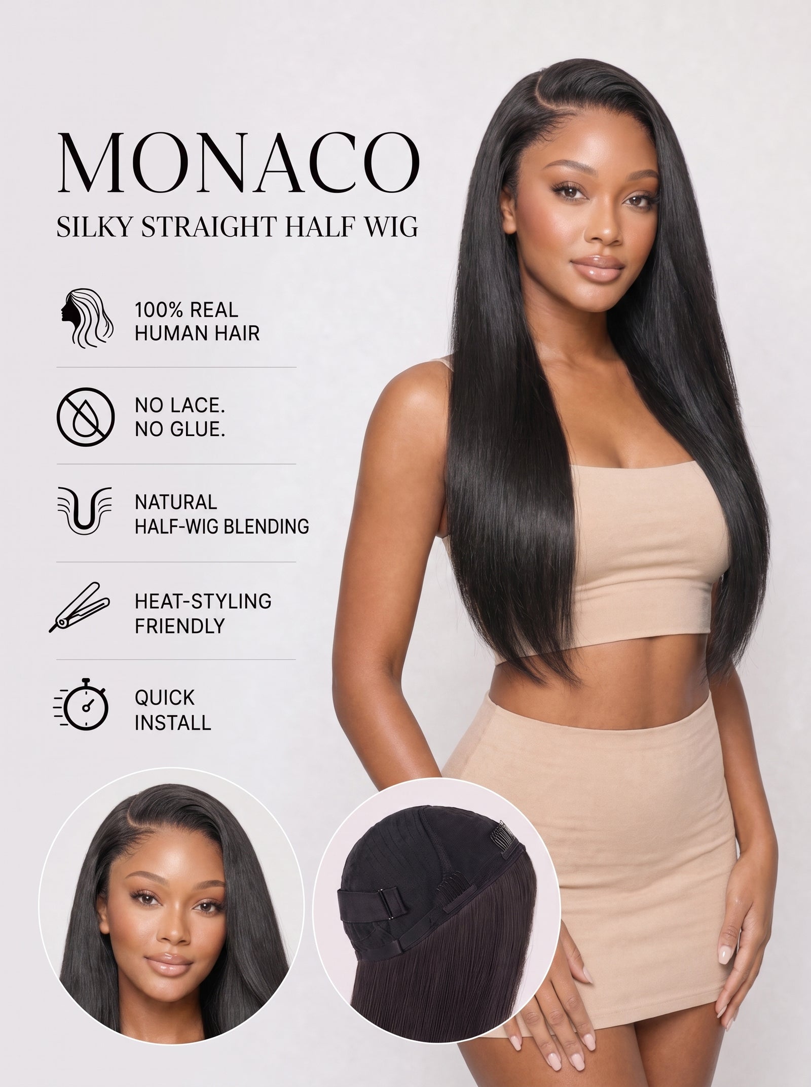 The Monaco-Silky Straight half wig