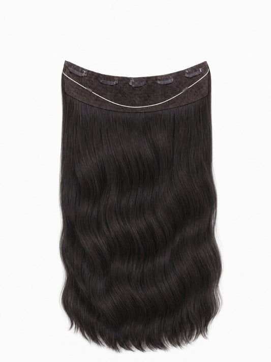 Halo hair extension weft: dark black wavy hair piece with curved halo cap