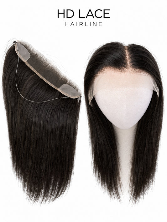 Lace hairline topper with dark black synthetic hair and lace front panel