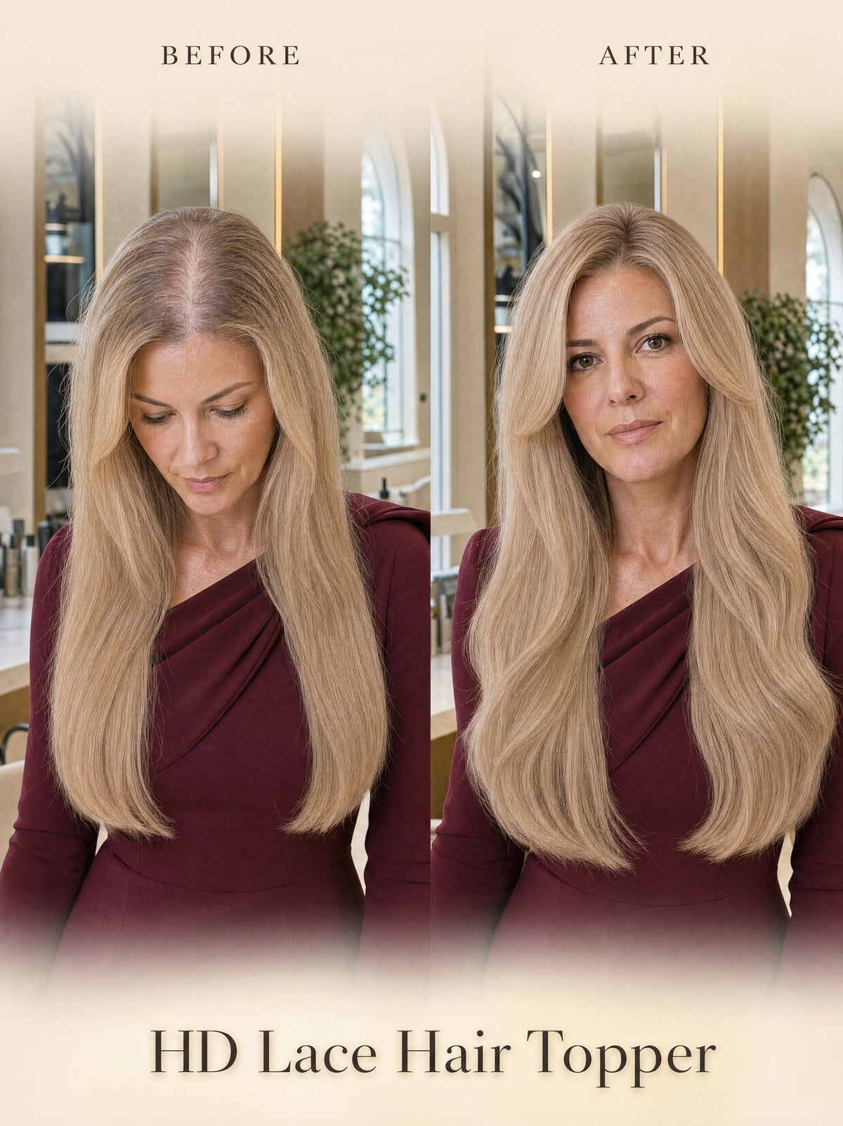 Light-blonde lace hair topper shown before and after on a model