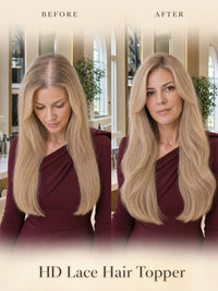 Light-blonde lace hair topper shown before and after on a model