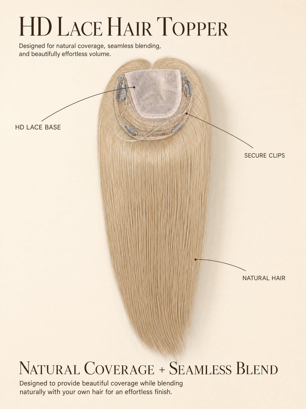 Lace hair topper showing lace base, secure clips, and natural hair fibers