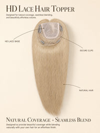 Lace hair topper showing lace base, secure clips, and natural hair fibers