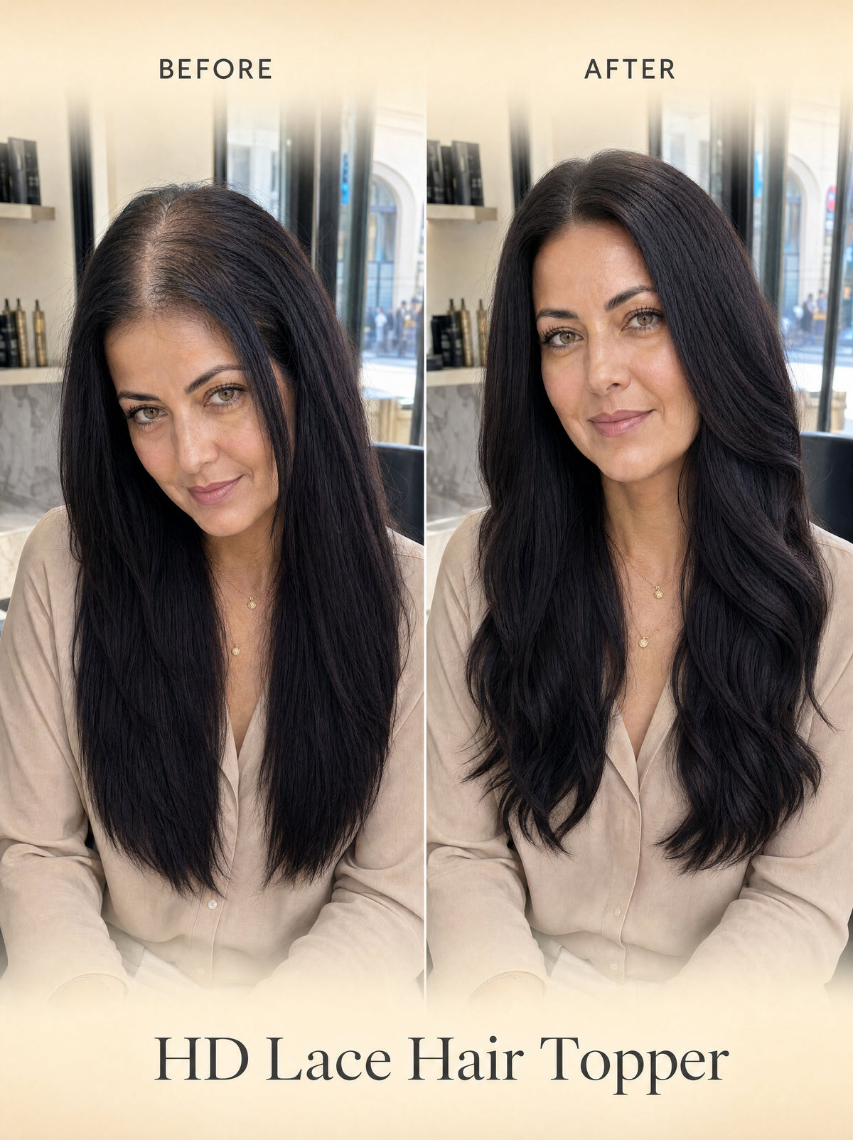 HD lace hair topper on model, dark straight hair styled for fuller volume