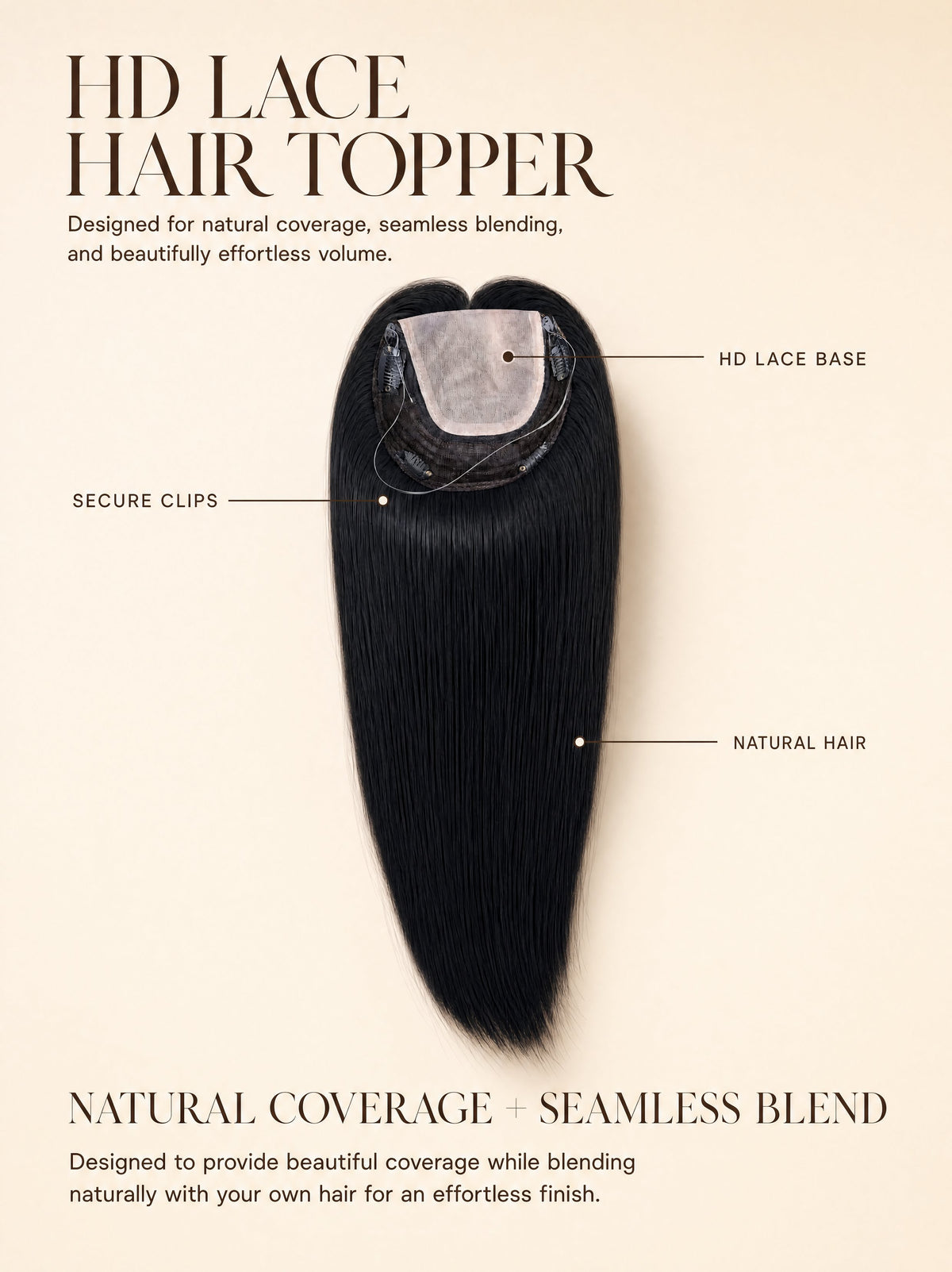 HD lace hair topper, black straight hair with lace base and secure clips