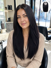 HD lace hair topper worn by model, dark straight hair with lace front
