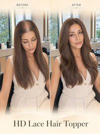 HD lace hair topper on model, medium brown hair with natural after-style volume