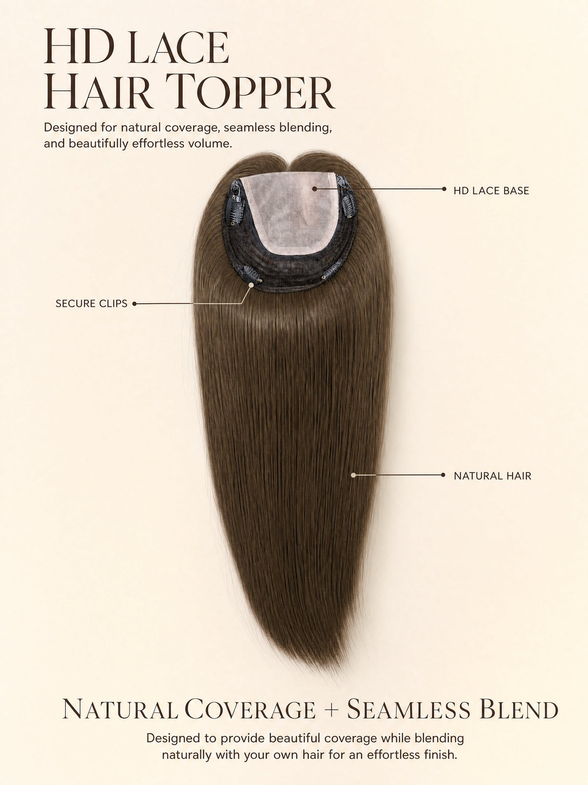 HD lace hair topper, medium brown straight hair with lace base and clips
