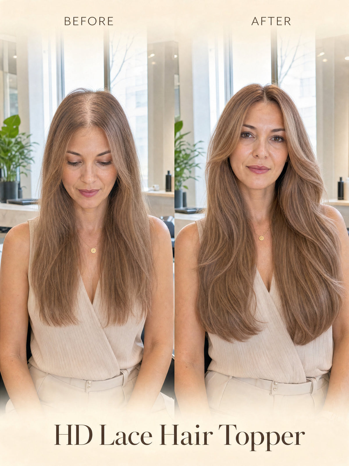 HD lace hair topper on model, light blonde long hair with natural after look