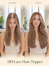 HD lace hair topper on model, light blonde long hair with natural after look