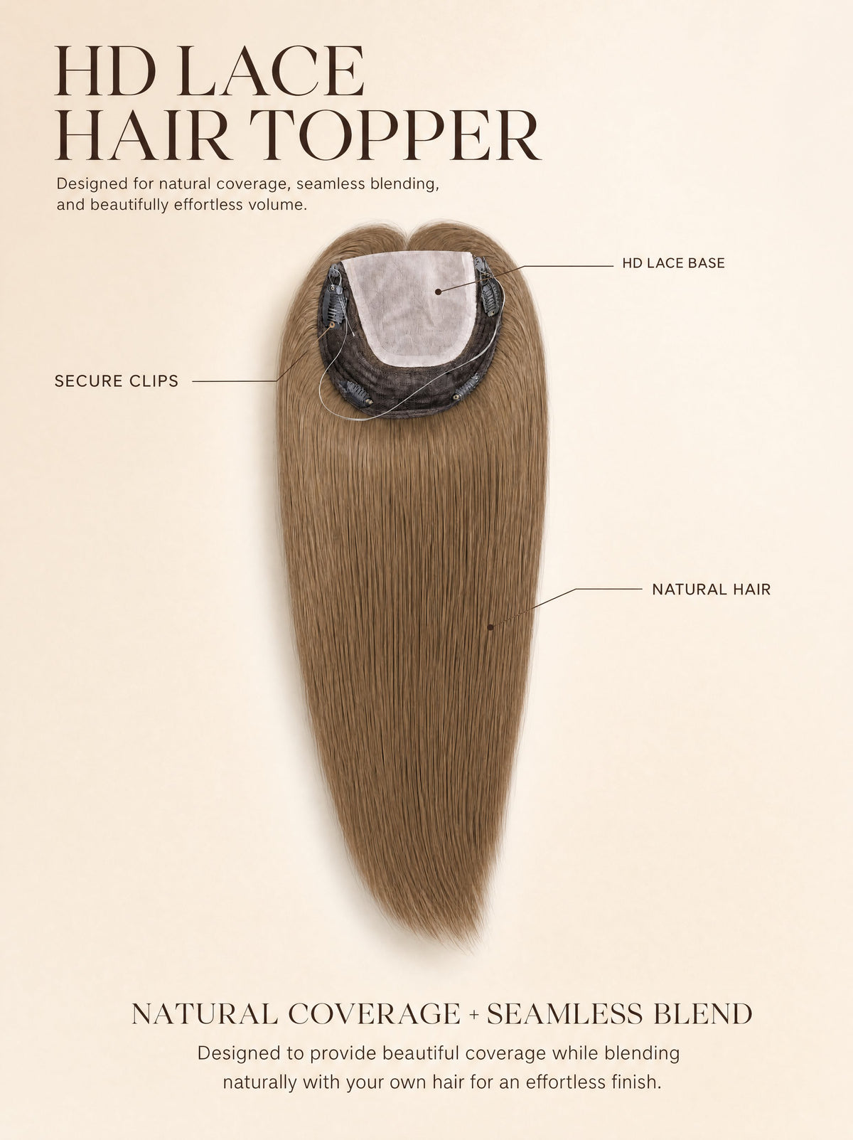 HD lace hair topper, ash brown straight topper with lace base and secure clips