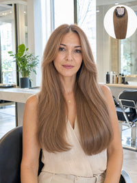 Long light-blonde lace hair topper blend, center part, natural straight hair