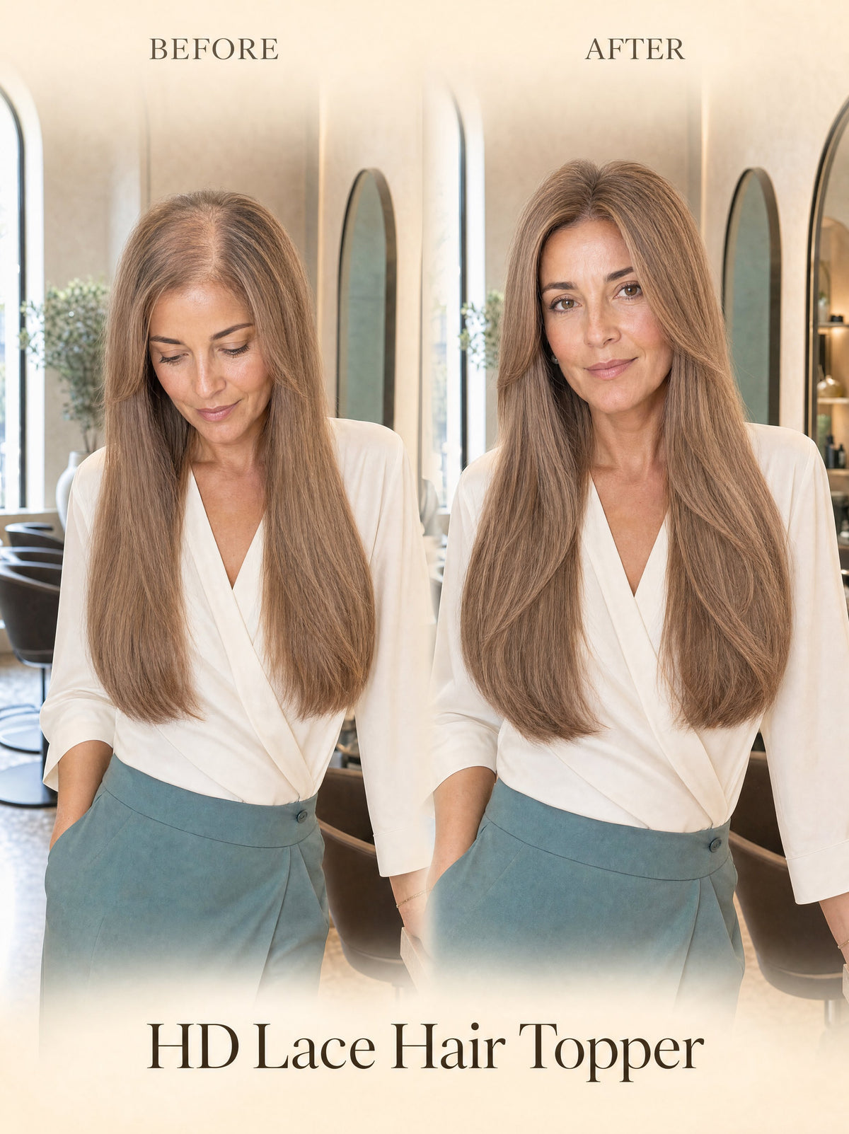 Light-blonde lace hair topper before and after comparison on model