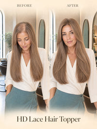 Light-blonde lace hair topper before and after comparison on model