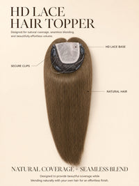 HD lace topper diagram, gray oval lace base with natural hair strands and clips