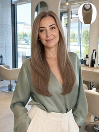 Lace hair topper blended into long dark blonde hair, smooth straight style