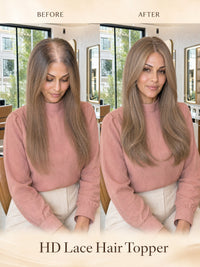 Lace hair topper before-and-after longer, thicker light brown hair