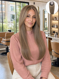 Lace hair topper blended into long light brown hair, smooth straight look