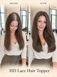 Lace hair topper showing before-and-after fuller long dark brown hair