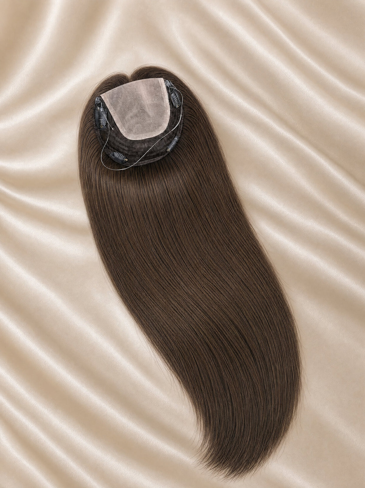 Lace hair topper single piece with lace base and long dark brown hair
