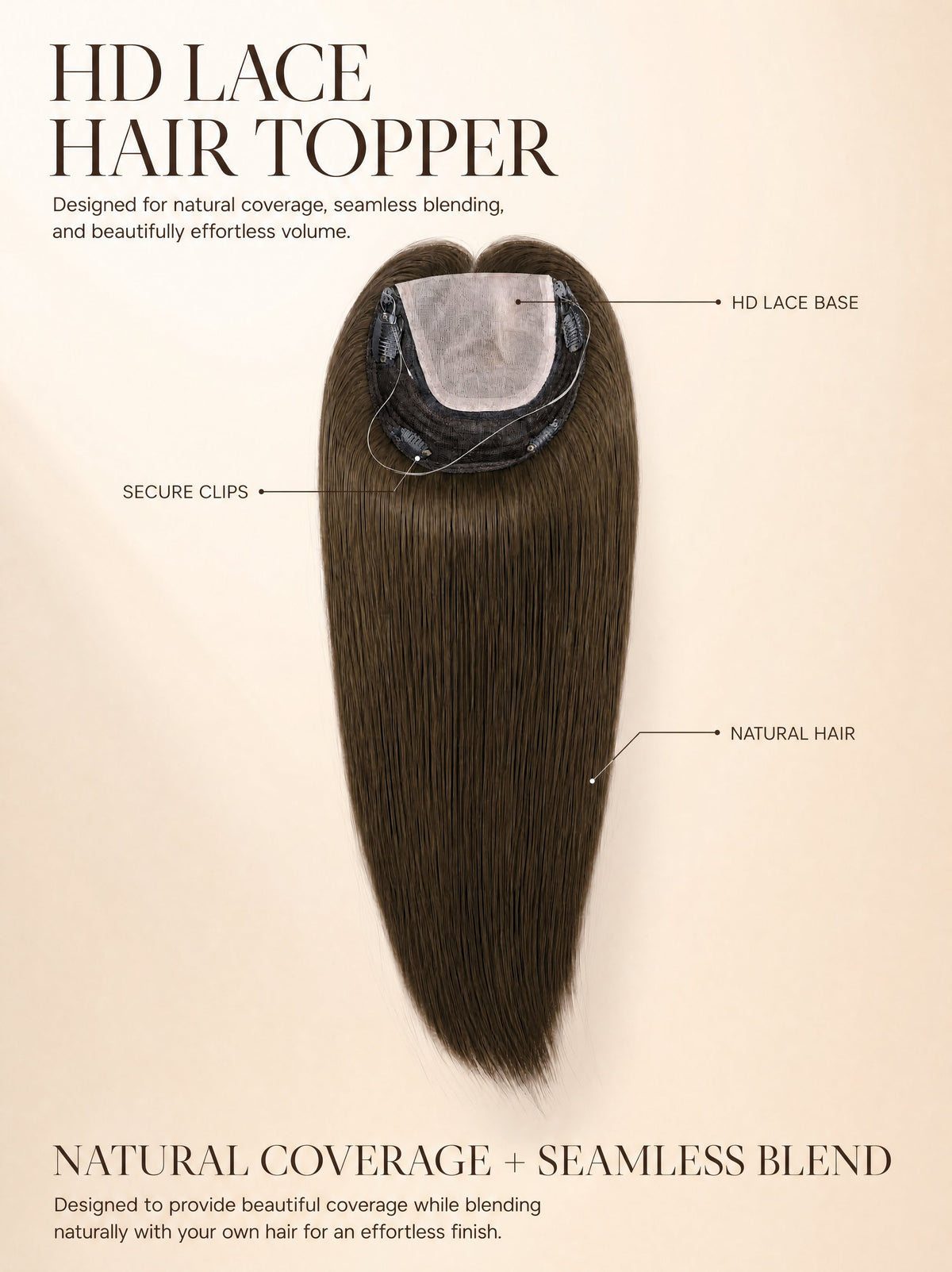 Lace hair topper with dark brown long hair and visible lace base cap