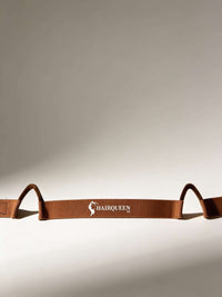 Brown wig band with HairQueen logo, top view, two curved end loops