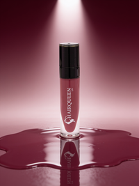 Clear HAROQUEEN lip gloss tube with black cap, deep berry gloss swatch