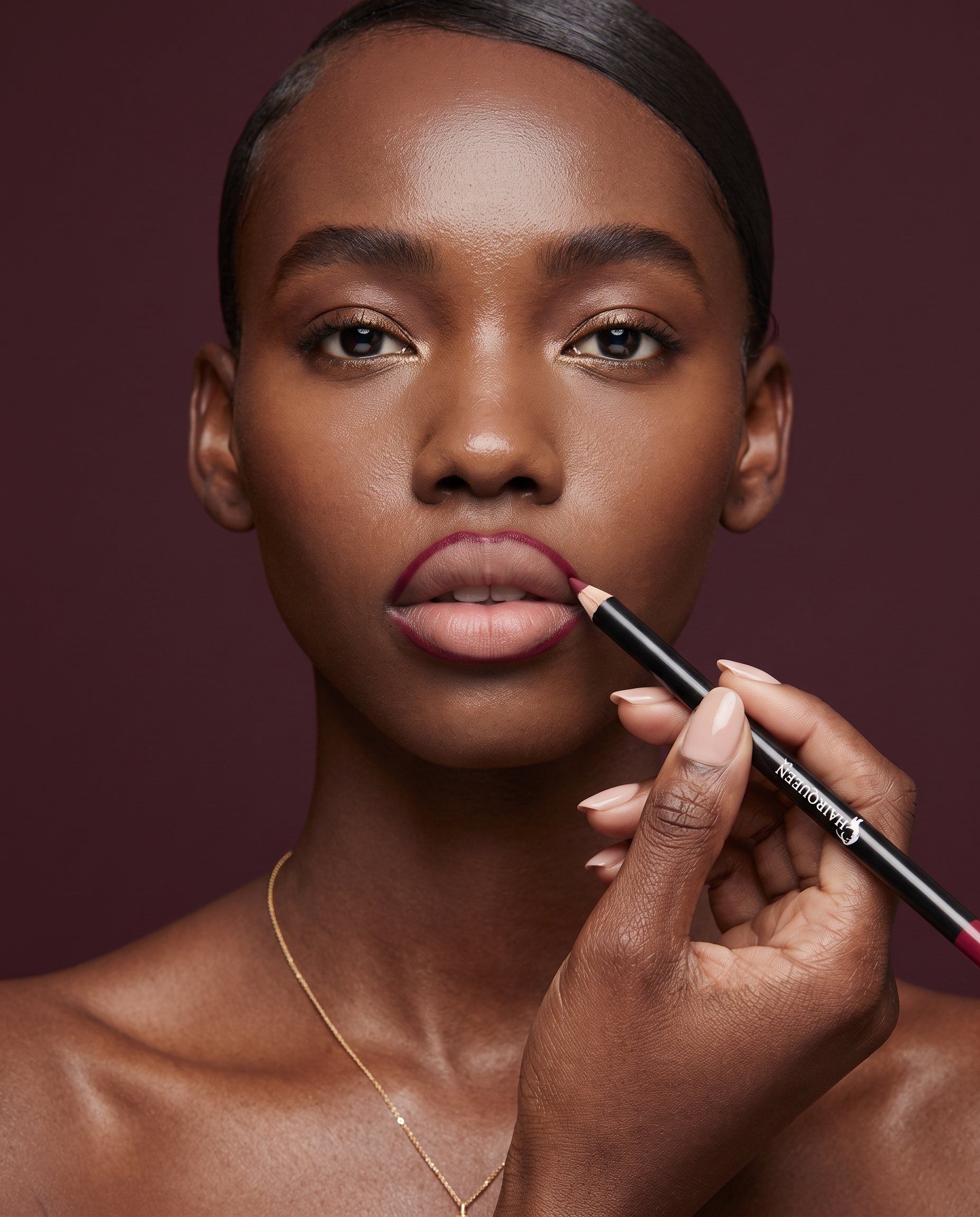 Lip kit plum matte lipstick applied to natural lips, with applicator in hand