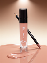 Lip gloss bottle and lip liner pencil, nude pink gloss with black applicator