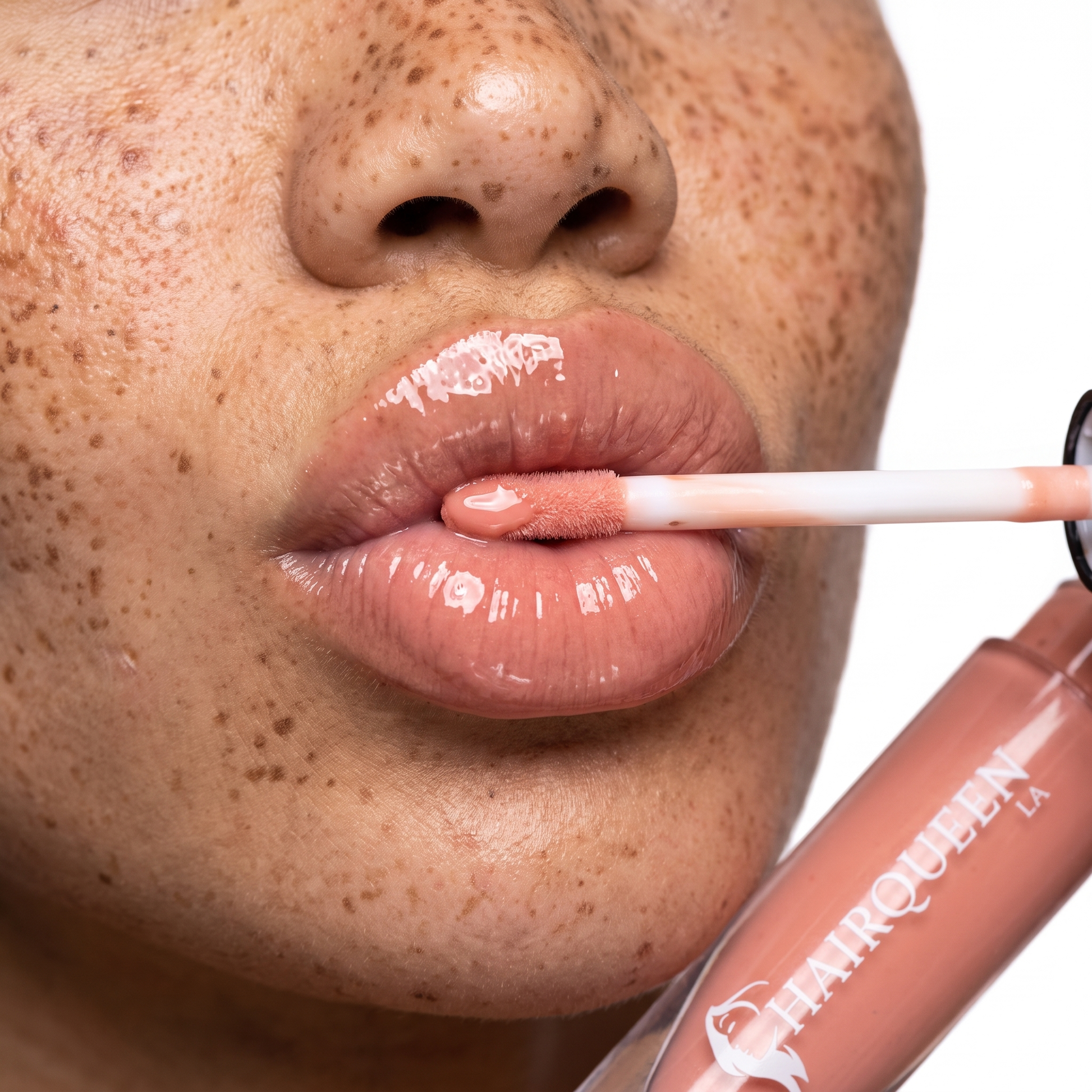 Lip gloss applicator applying rose nude sheen to lips with white wand tip