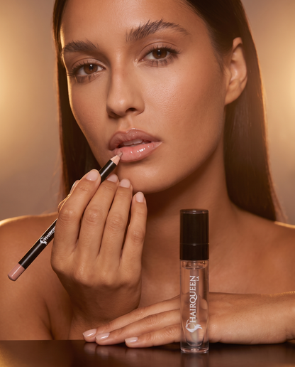 Liquid lip color kit: bottle and doe-foot applicator with glossy nude-pink lips
