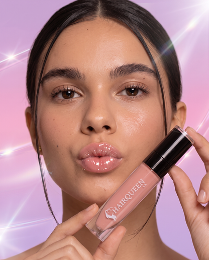 Pink lip gloss tube with wand, glossy pink lips on face