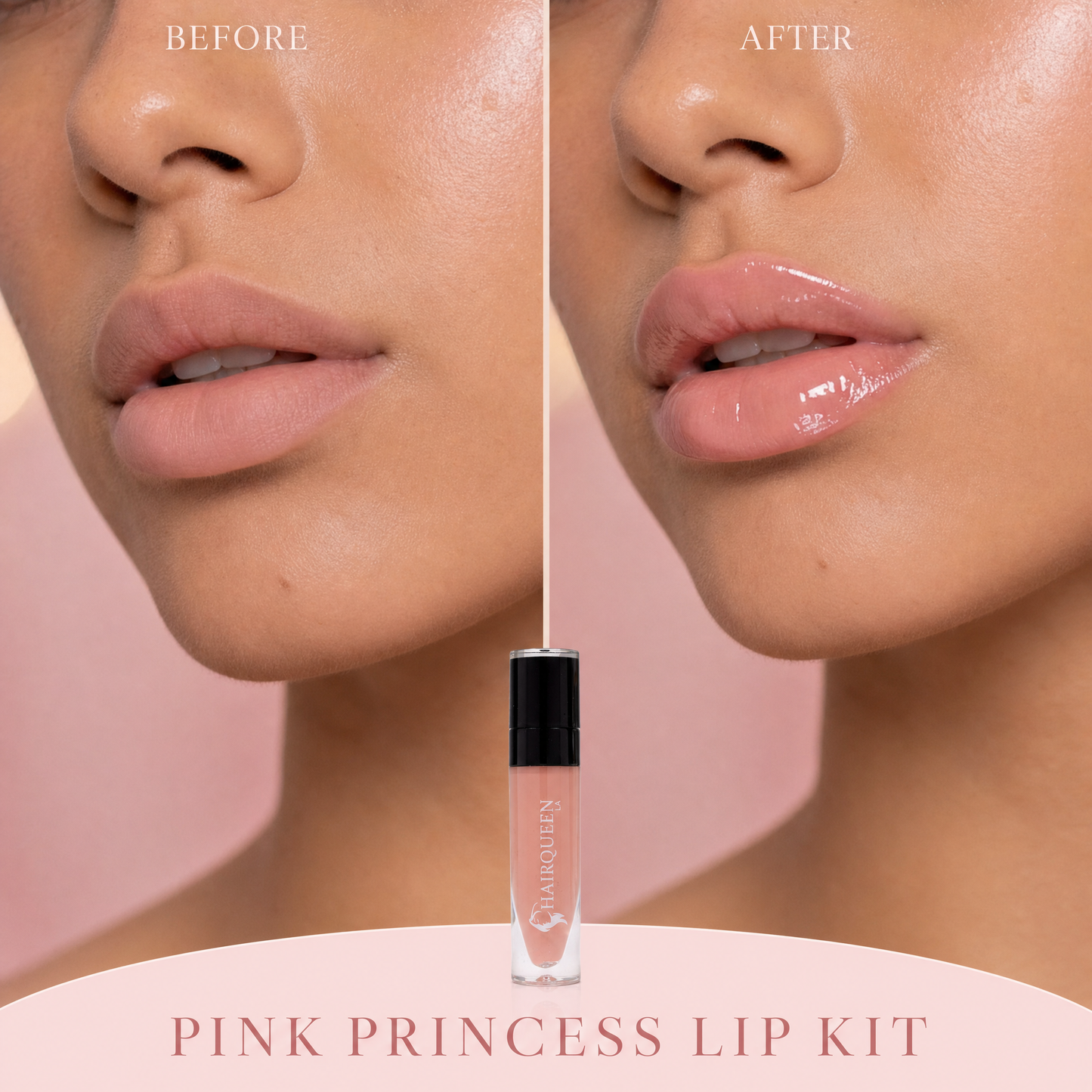 Lip gloss applied on pink lips with applicator, glossy finish close-up