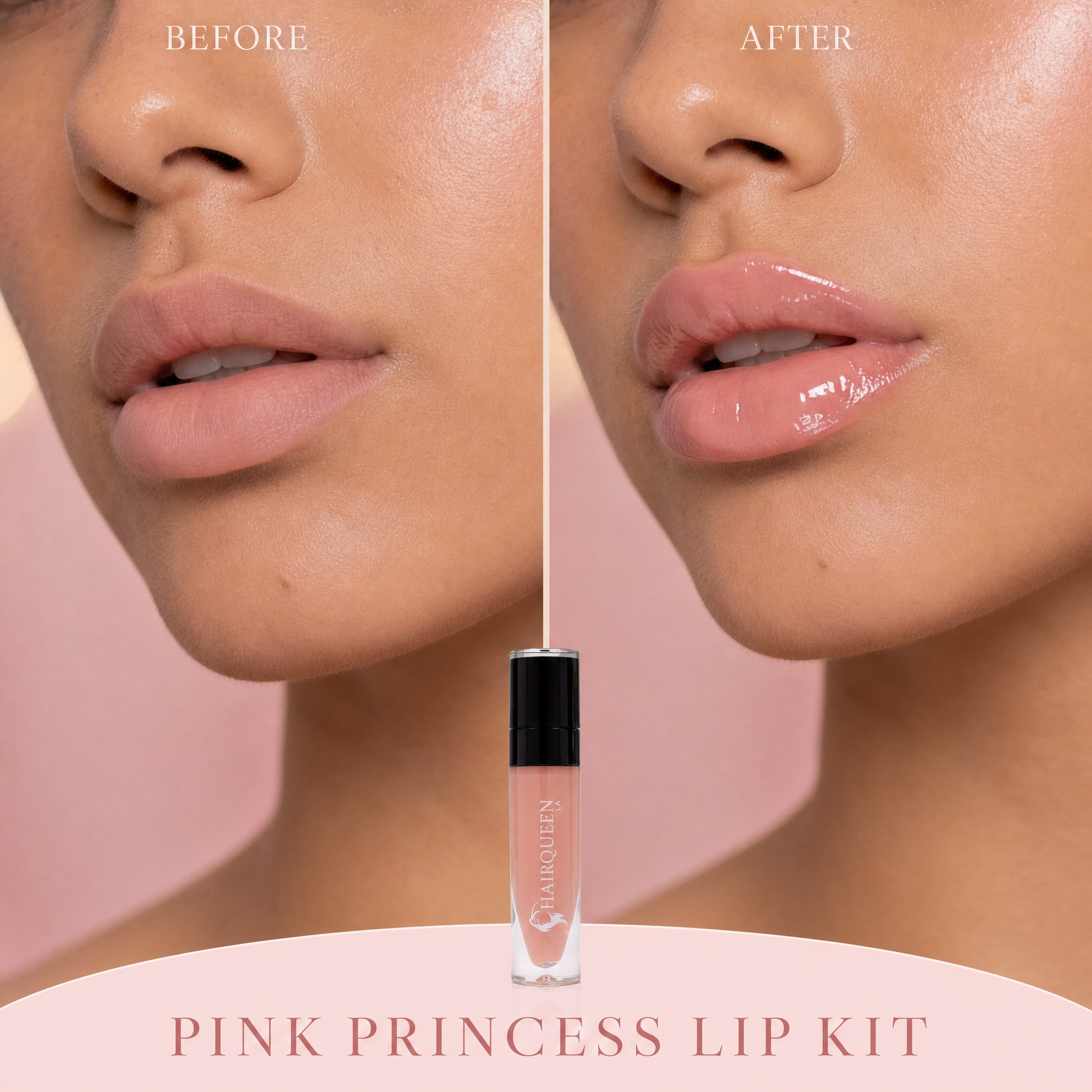 Lip gloss applied on pink lips with applicator, glossy finish close-up