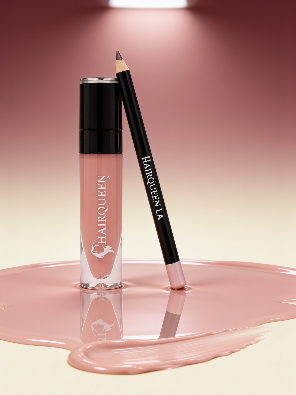 Liquid lip gloss and lip liner pencil in pink nude shade with glossy swatch