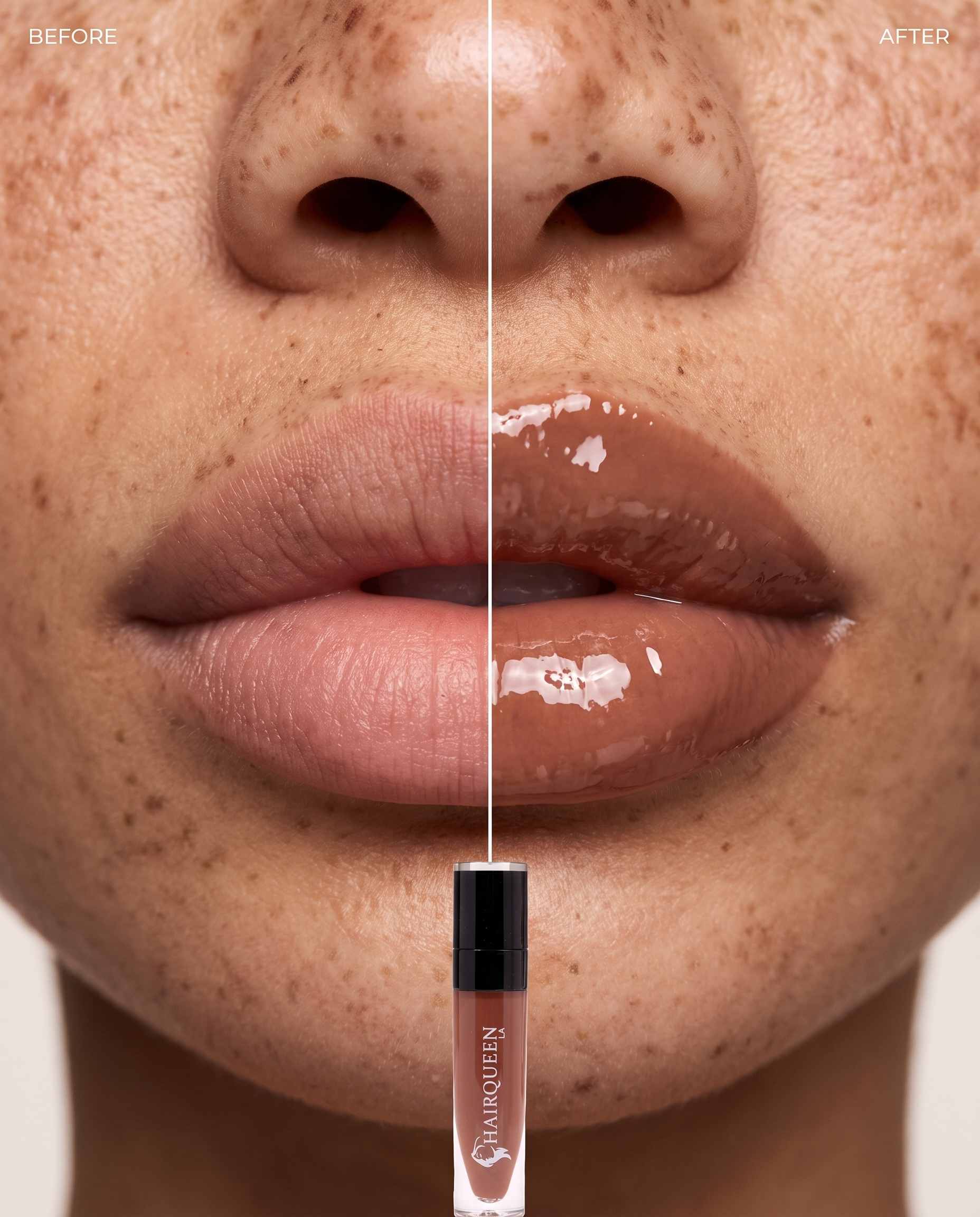 Close-up of nude-brown glossy lips showing lip kit application