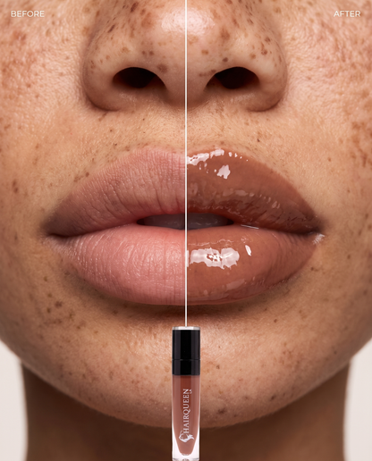 Close-up of nude-brown glossy lips showing lip kit application