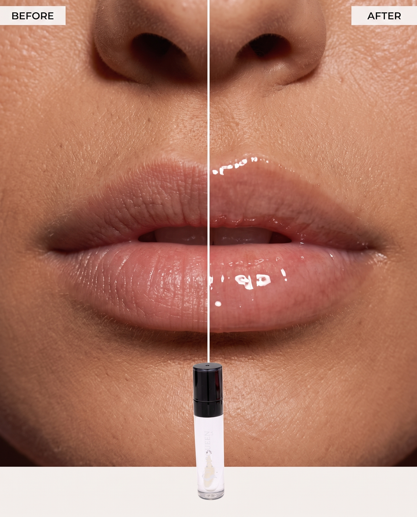 Liquid lip tint swatch on lips, glossy pink finish with applicator tip